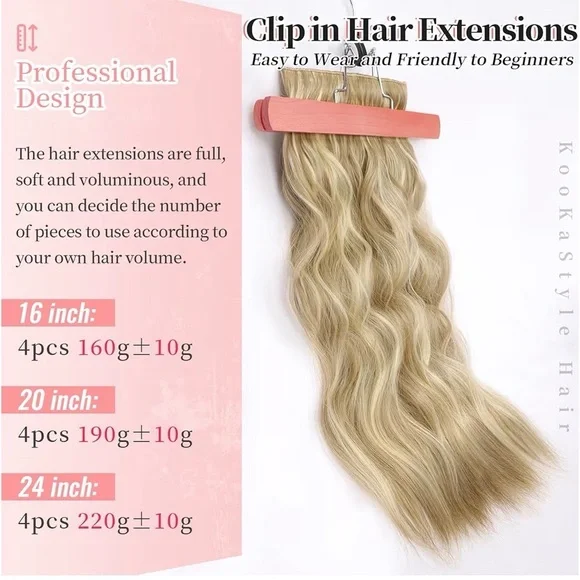 Beach Blonde Hair Extension Clip in Synthetic Highlight Long Wavy 4PCS Thick 20” - Picture 3 of 10